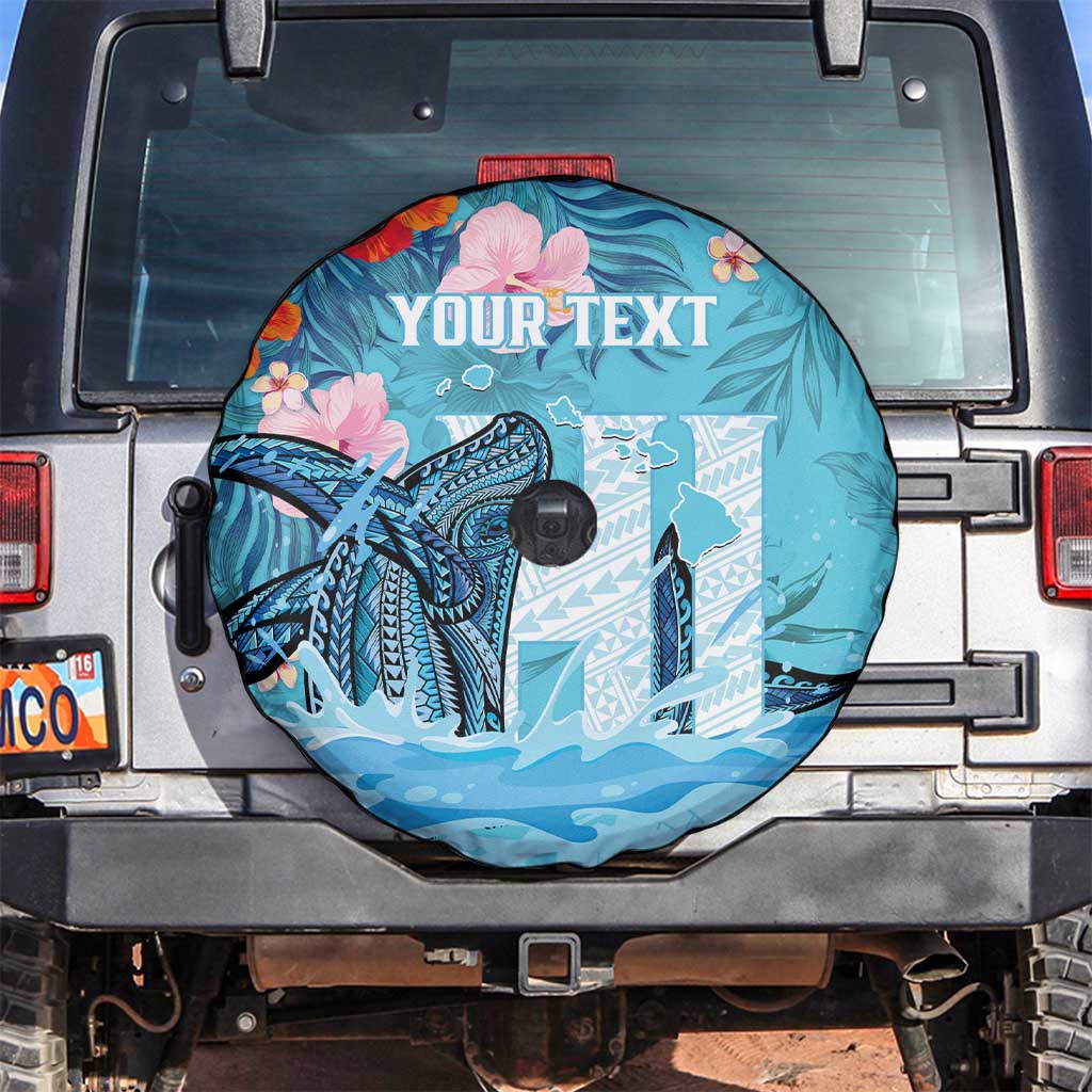 Personalised Hawaii Spare Tire Cover Humpback Whale Tattoo With Tropical Flowers LT14 Blue - Polynesian Pride