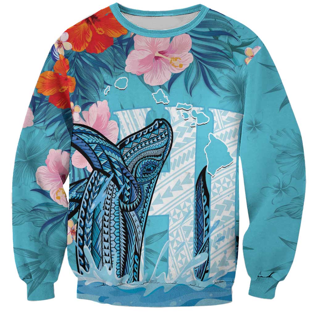 Personalised Hawaii Sweatshirt Humpback Whale Tattoo With Tropical Flowers LT14 Unisex Blue - Polynesian Pride