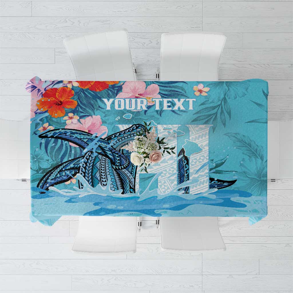 Personalised Hawaii Tablecloth Humpback Whale Tattoo With Tropical Flowers LT14 Blue - Polynesian Pride