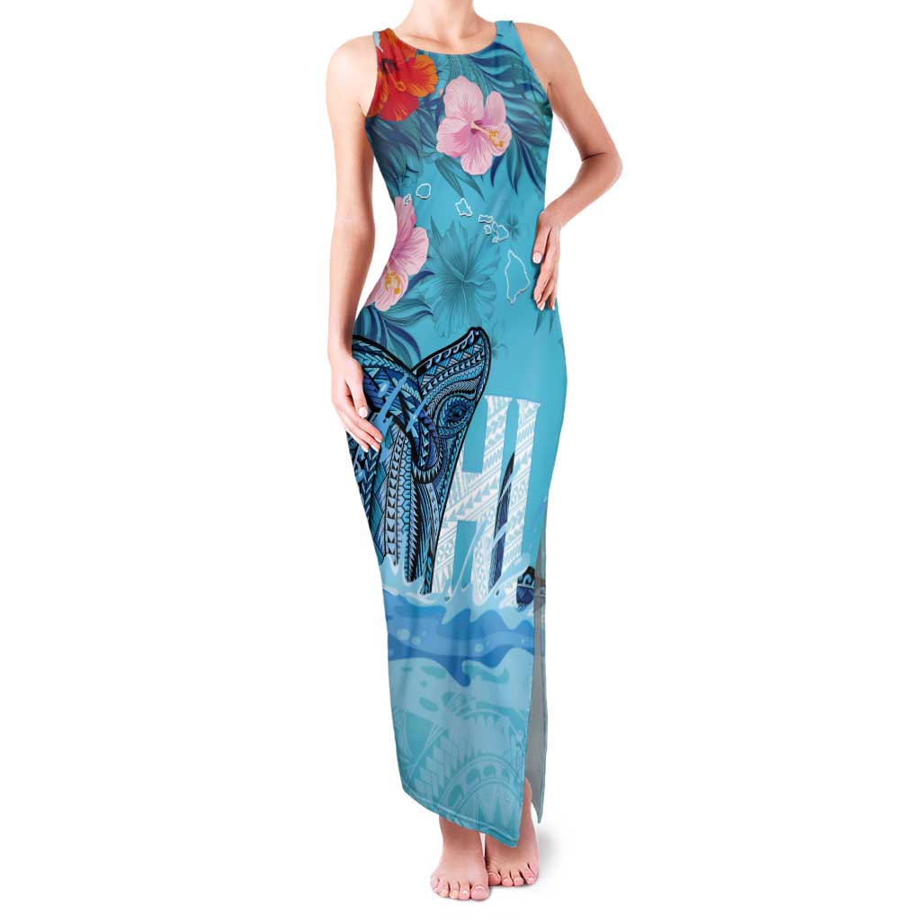 Personalised Hawaii Tank Maxi Dress Humpback Whale Tattoo With Tropical Flowers LT14 Women Blue - Polynesian Pride