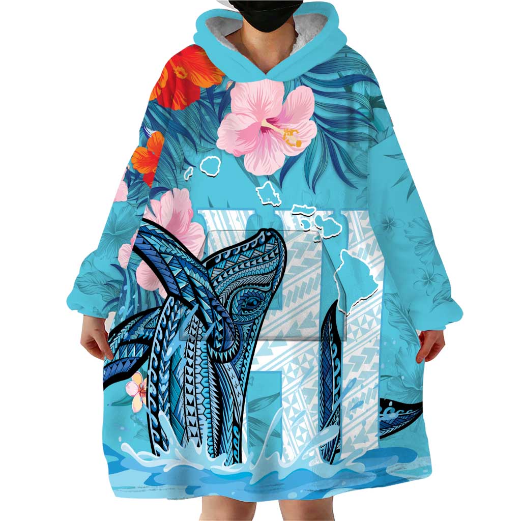 Personalised Hawaii Wearable Blanket Hoodie Humpback Whale Tattoo With Tropical Flowers LT14 - Polynesian Pride