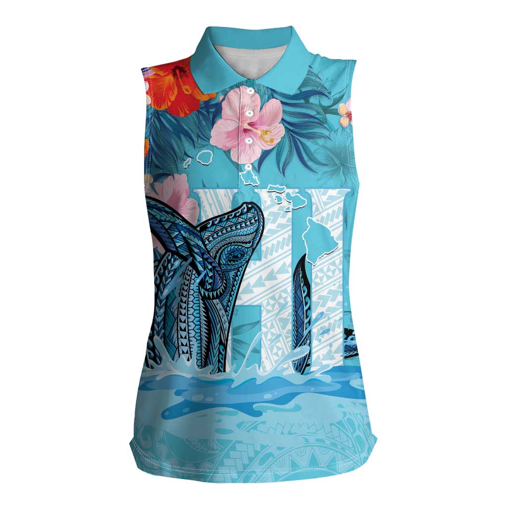 Personalised Hawaii Women Sleeveless Polo Shirt Humpback Whale Tattoo With Tropical Flowers