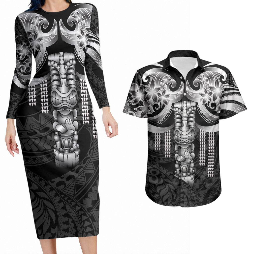 Tiki Drum Hawaii Couples Matching Long Sleeve Bodycon Dress and Hawaiian Shirt Hawaiian Kakau Tattoo Style