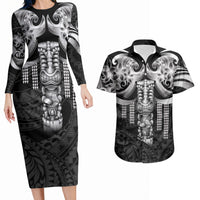 Tiki Drum Hawaii Couples Matching Long Sleeve Bodycon Dress and Hawaiian Shirt Hawaiian Kakau Tattoo Style LT14 Black - Polynesian Pride