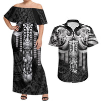 Tiki Drum Hawaii Couples Matching Off Shoulder Maxi Dress and Hawaiian Shirt Hawaiian Kakau Tattoo Style LT14 Black - Polynesian Pride