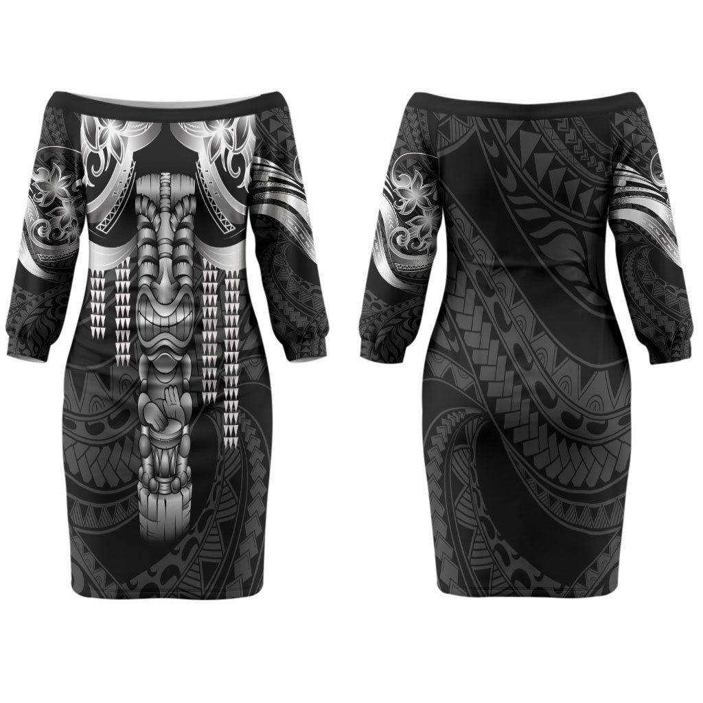 Tiki Drum Hawaii Couples Matching Off The Shoulder Long Sleeve Dress and Long Sleeve Button Shirt Hawaiian Kakau Tattoo Style LT14 - Polynesian Pride