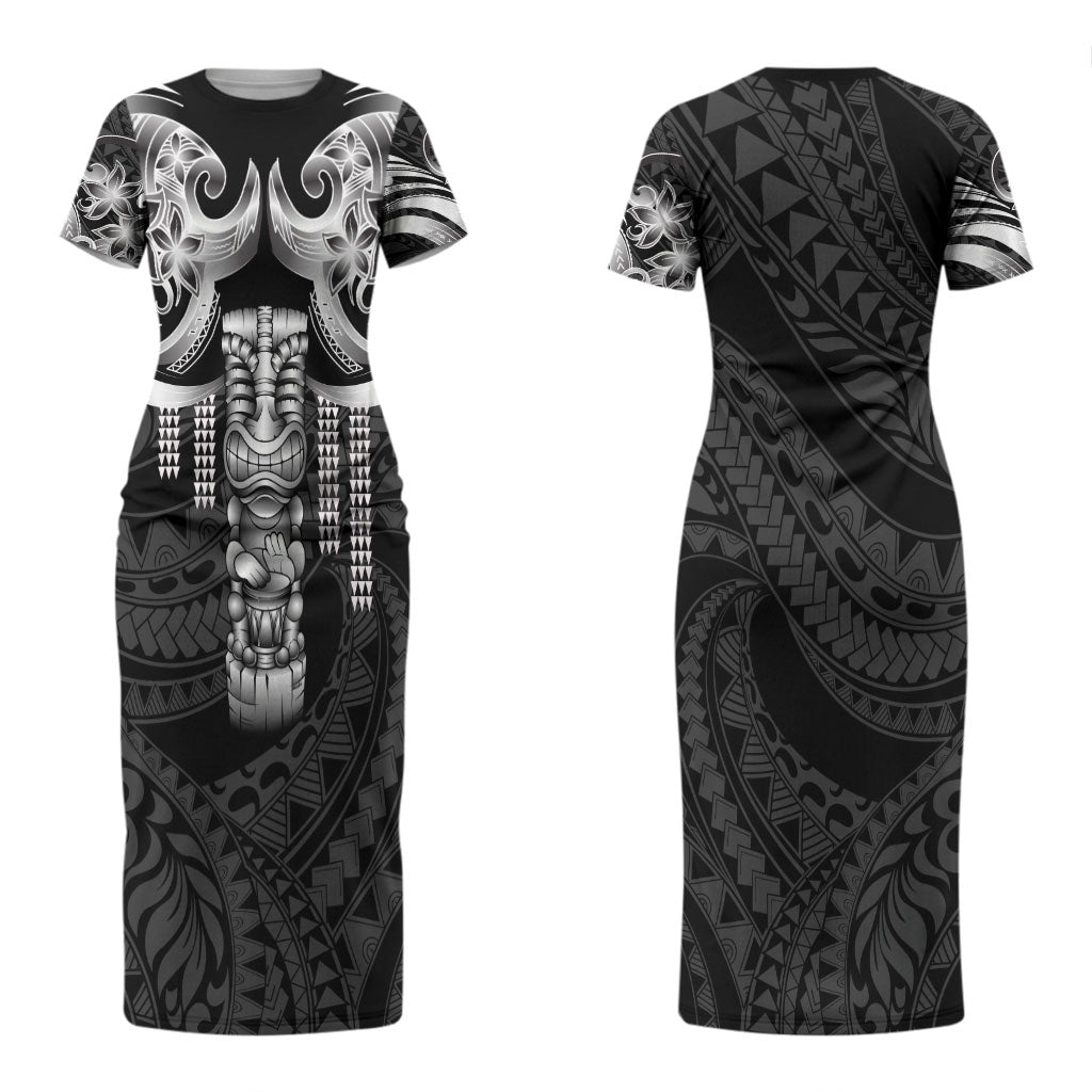 Tiki Drum Hawaii Couples Matching Short Sleeve Bodycon Dress and Hawaiian Shirt Hawaiian Kakau Tattoo Style LT14 - Polynesian Pride