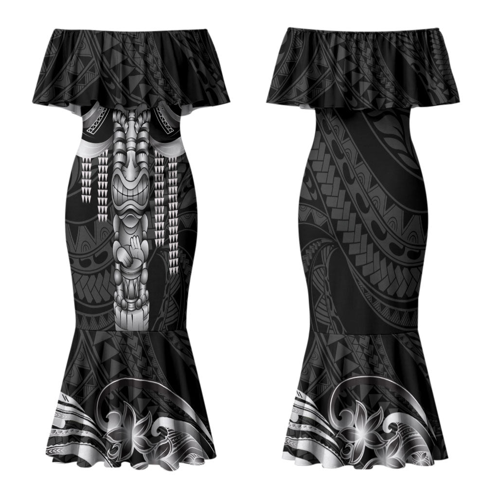 Tiki Drum Hawaii Family Matching Mermaid Dress and Hawaiian Shirt Hawaiian Kakau Tattoo Style LT14 Mom's Dress Black - Polynesian Pride