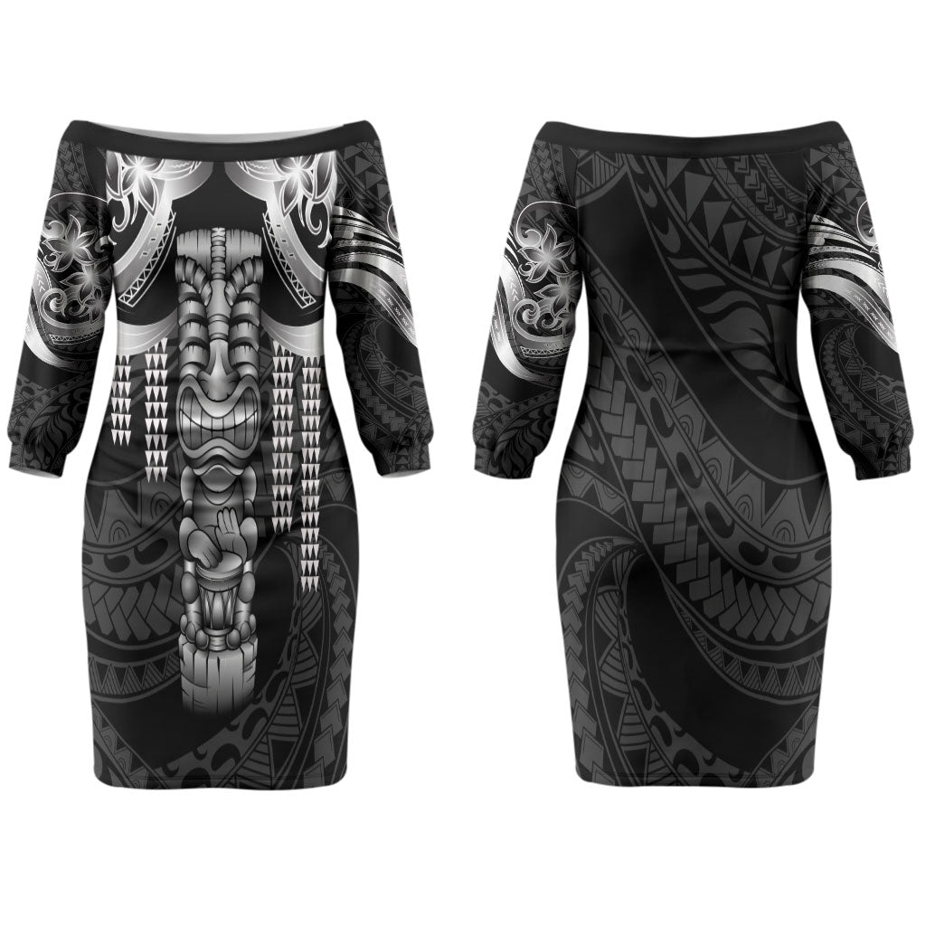 Tiki Drum Hawaii Family Matching Off The Shoulder Long Sleeve Dress and Hawaiian Shirt Hawaiian Kakau Tattoo Style LT14 Mom's Dress Black - Polynesian Pride