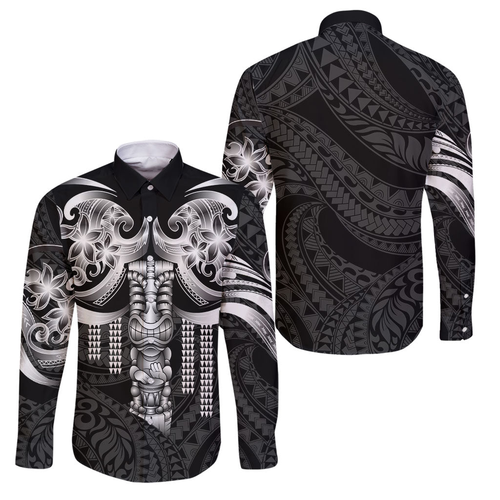 Tiki Drum Hawaii Family Matching Off Shoulder Maxi Dress and Hawaiian Shirt Hawaiian Kakau Tattoo Style LT14 Dad's Shirt - Long Sleeve Black - Polynesian Pride