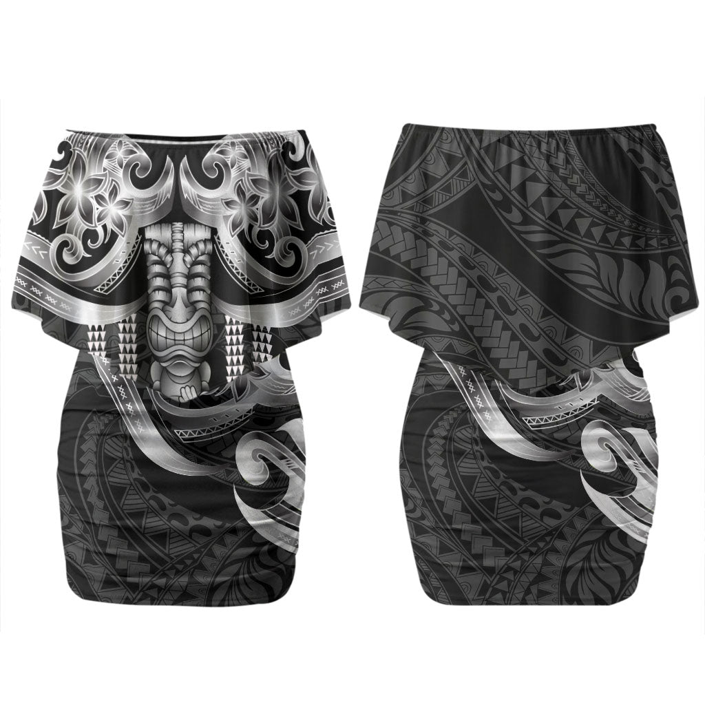 Tiki Drum Hawaii Family Matching Off Shoulder Short Dress and Hawaiian Shirt Hawaiian Kakau Tattoo Style LT14 Mom's Dress Black - Polynesian Pride
