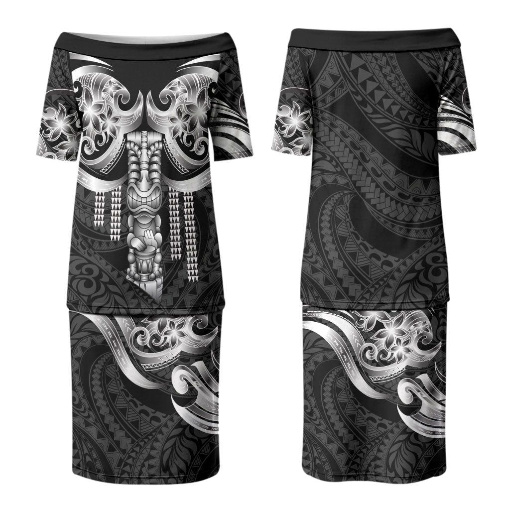 Tiki Drum Hawaii Family Matching Puletasi and Hawaiian Shirt Hawaiian Kakau Tattoo Style LT14 Mom's Dress Black - Polynesian Pride