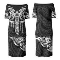 Tiki Drum Hawaii Family Matching Puletasi and Hawaiian Shirt Hawaiian Kakau Tattoo Style LT14 Mom's Dress Black - Polynesian Pride