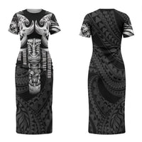 Tiki Drum Hawaii Family Matching Short Sleeve Bodycon Dress and Hawaiian Shirt Hawaiian Kakau Tattoo Style LT14 Mom's Dress Black - Polynesian Pride