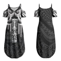 Tiki Drum Hawaii Family Matching Summer Maxi Dress and Hawaiian Shirt Hawaiian Kakau Tattoo Style LT14 Mom's Dress Black - Polynesian Pride
