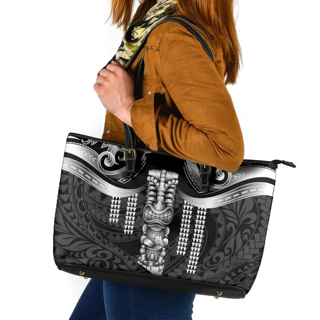 Tiki Drum Hawaii Leather Tote Bag Hawaiian Kakau Tattoo Style LT14 Black - Polynesian Pride