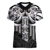 Tiki Drum Hawaii Women V-Neck T-Shirt Hawaiian Kakau Tattoo Style LT14 Female Black - Polynesian Pride