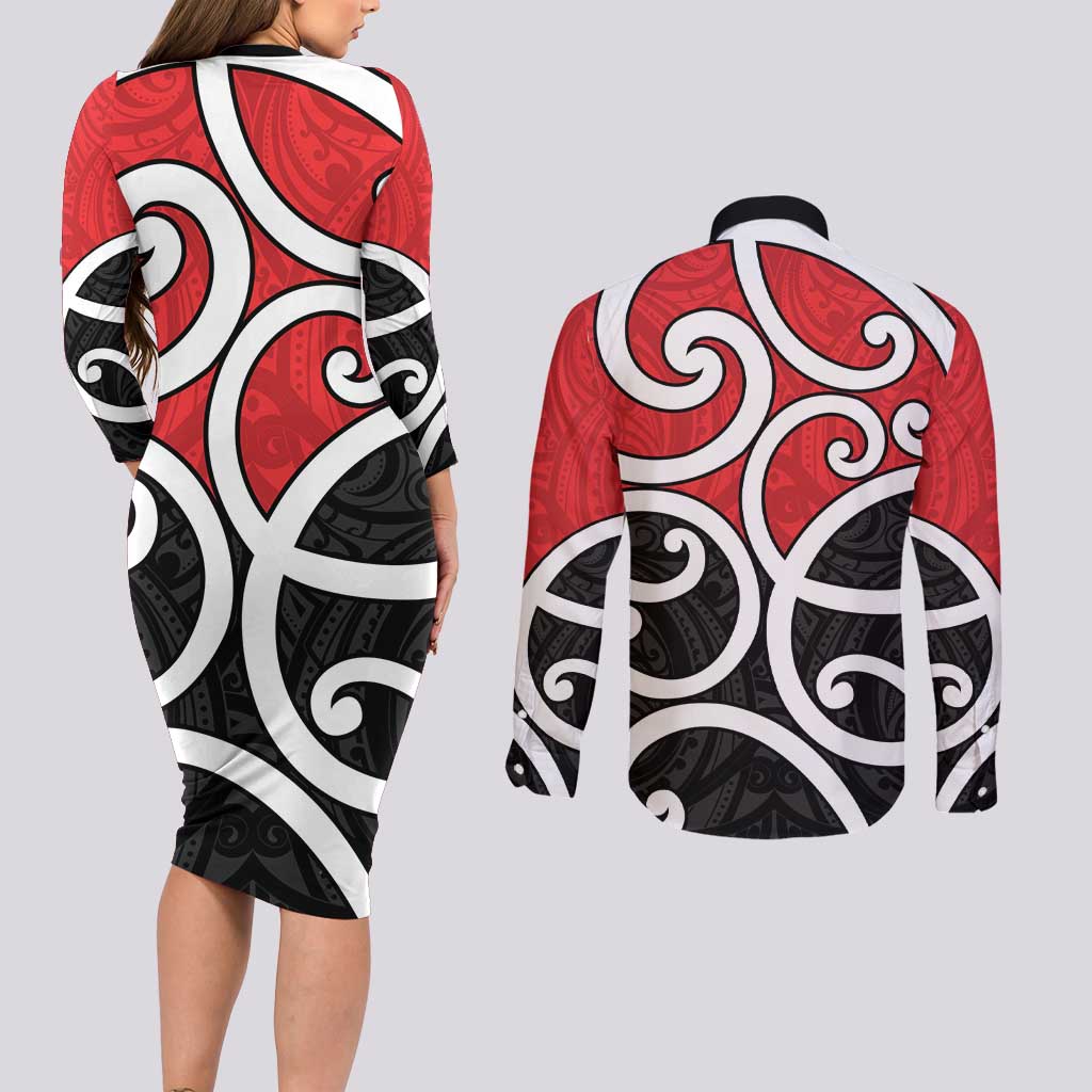 New Zealand Couples Matching Long Sleeve Bodycon Dress and Long Sleeve Button Shirt Maori Koru Tino Rangatiratanga Color - Polynesian Pride