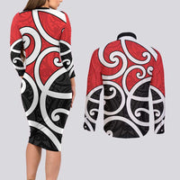 New Zealand Couples Matching Long Sleeve Bodycon Dress and Long Sleeve Button Shirt Maori Koru Tino Rangatiratanga Color - Polynesian Pride