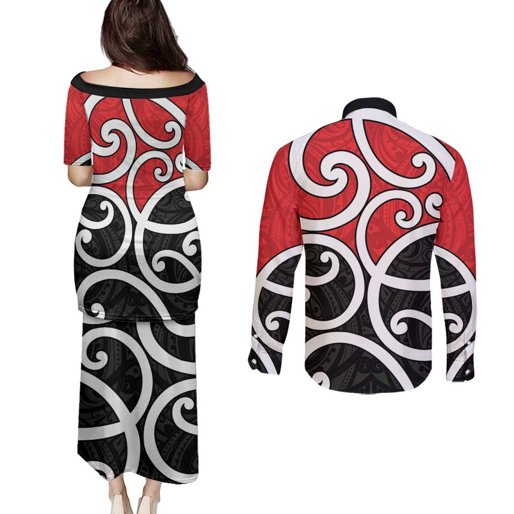 New Zealand Couples Matching Puletasi and Long Sleeve Button Shirt Maori Koru Tino Rangatiratanga Color - Polynesian Pride