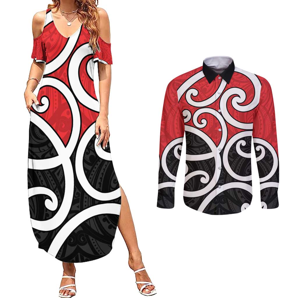 New Zealand Couples Matching Summer Maxi Dress and Long Sleeve Button Shirt Maori Koru Tino Rangatiratanga Color - Polynesian Pride