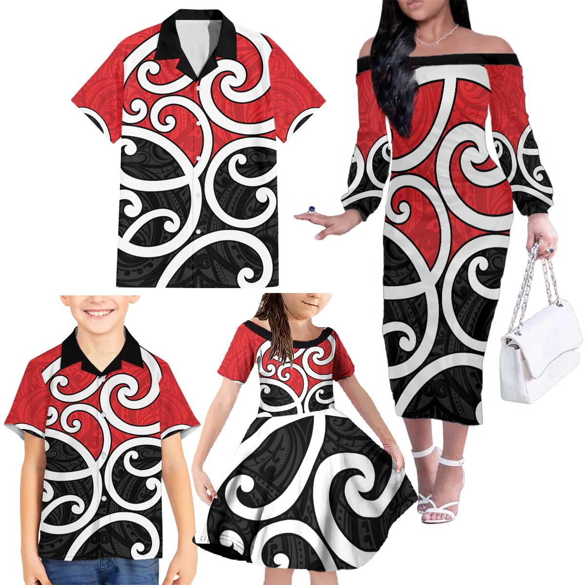 New Zealand Family Matching Off The Shoulder Long Sleeve Dress and Hawaiian Shirt Maori Koru Tino Rangatiratanga Color - Polynesian Pride