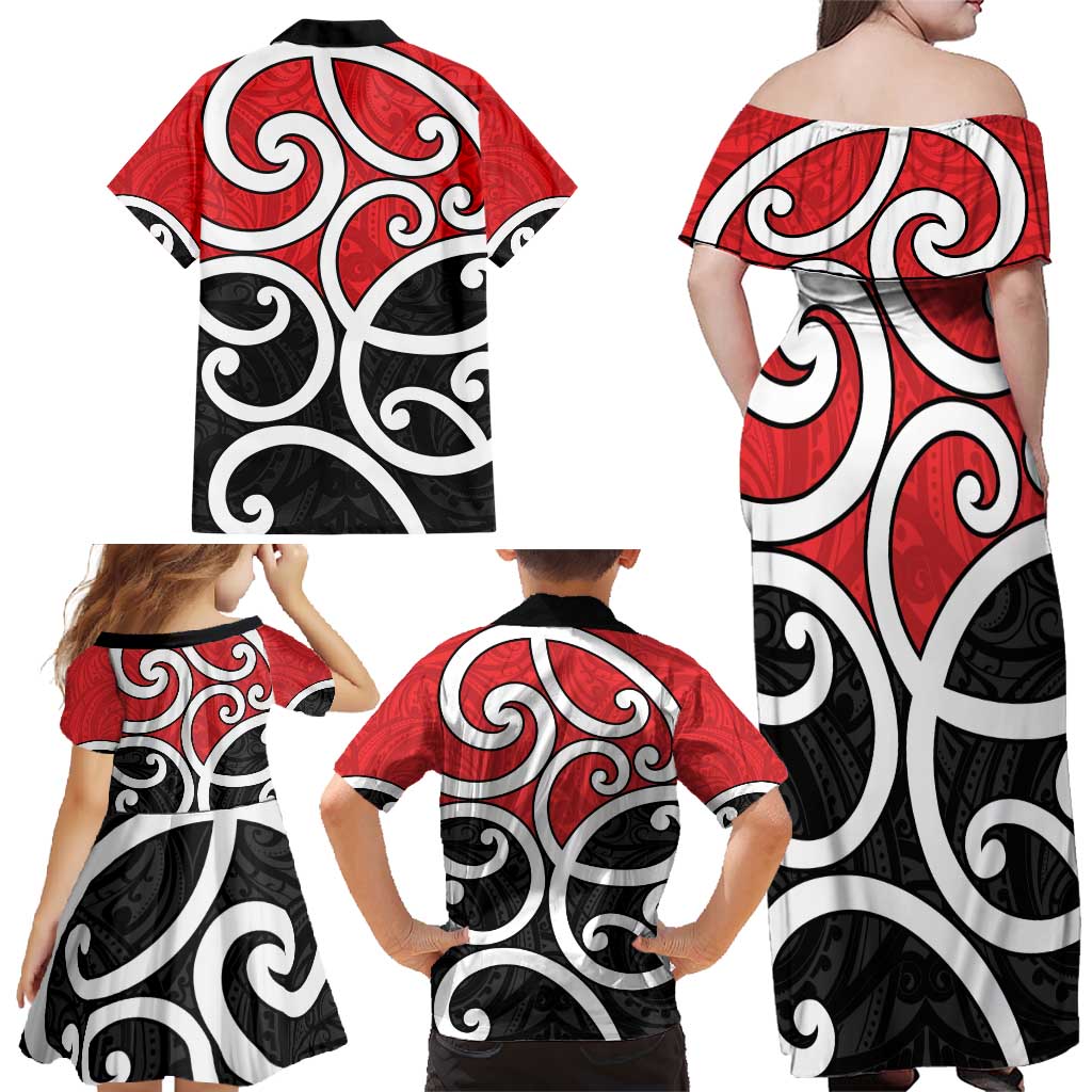 New Zealand Family Matching Off Shoulder Maxi Dress and Hawaiian Shirt Maori Koru Tino Rangatiratanga Color - Polynesian Pride