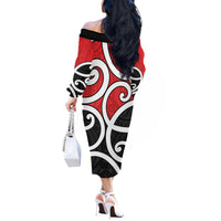 New Zealand Off The Shoulder Long Sleeve Dress Maori Koru Tino Rangatiratanga Color - Polynesian Pride