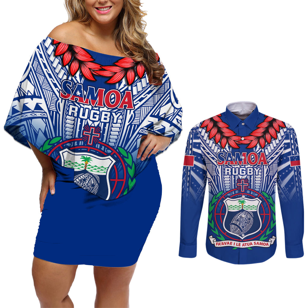 samoa-rugby-couples-matching-off-shoulder-short-dress-and-long-sleeve-button-shirts-2023-go-manu-samoa-with-ula-fala-style