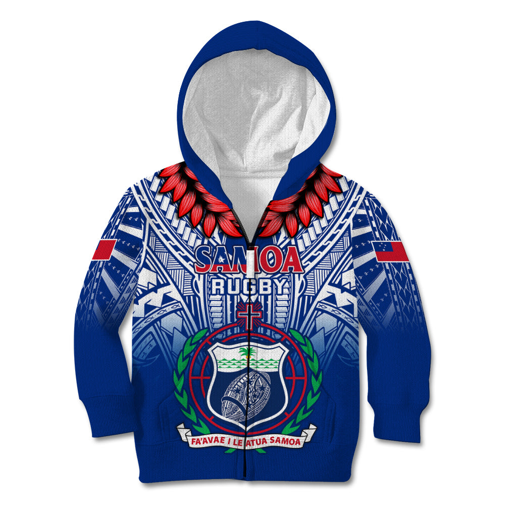 Samoa Rugby Kid Hoodie 2023 Go Manu Samoa With Ula Fala Style LT14 Zip Hoodie Blue - Polynesian Pride