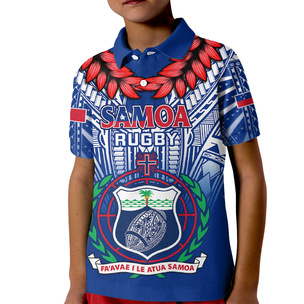 Samoa Rugby Kid Polo Shirt 2023 Go Manu Samoa With Ula Fala Style LT14 Kid Blue - Polynesian Pride