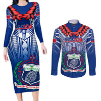 Custom Samoa Rugby Couples Matching Long Sleeve Bodycon Dress and Long Sleeve Button Shirts 2023 Go Manu Samoa With Ula Fala Style LT14 Blue - Polynesian Pride