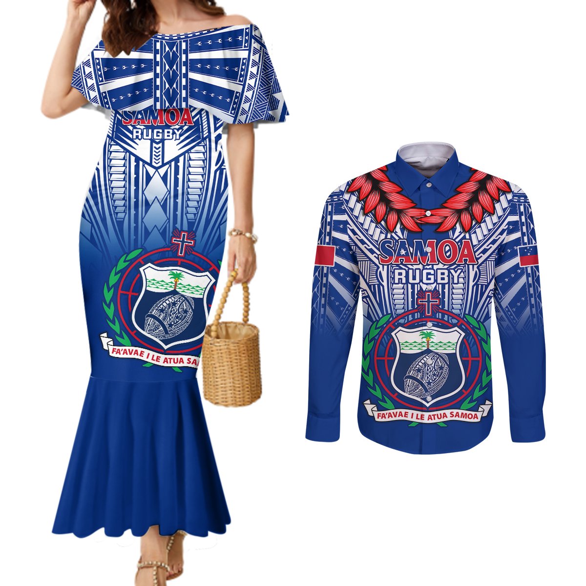 Custom Samoa Rugby Couples Matching Mermaid Dress and Long Sleeve Button Shirts 2023 Go Manu Samoa With Ula Fala Style LT14 Blue - Polynesian Pride