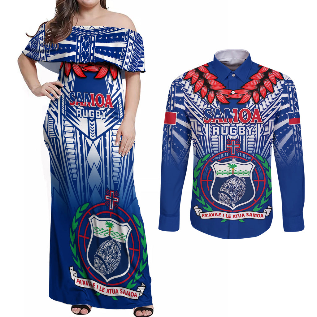 Custom Samoa Rugby Couples Matching Off Shoulder Maxi Dress and Long Sleeve Button Shirts 2023 Go Manu Samoa With Ula Fala Style LT14 Blue - Polynesian Pride