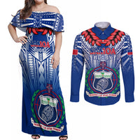 Custom Samoa Rugby Couples Matching Off Shoulder Maxi Dress and Long Sleeve Button Shirts 2023 Go Manu Samoa With Ula Fala Style LT14 Blue - Polynesian Pride