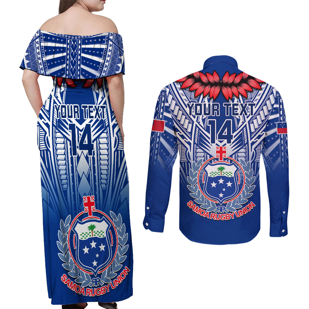 Custom Samoa Rugby Couples Matching Off Shoulder Maxi Dress and Long Sleeve Button Shirts 2023 Go Manu Samoa With Ula Fala Style LT14 - Polynesian Pride