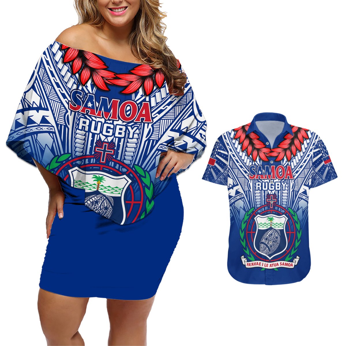 Custom Samoa Rugby Couples Matching Off Shoulder Short Dress and Hawaiian Shirt 2023 Go Manu Samoa With Ula Fala Style LT14 Blue - Polynesian Pride