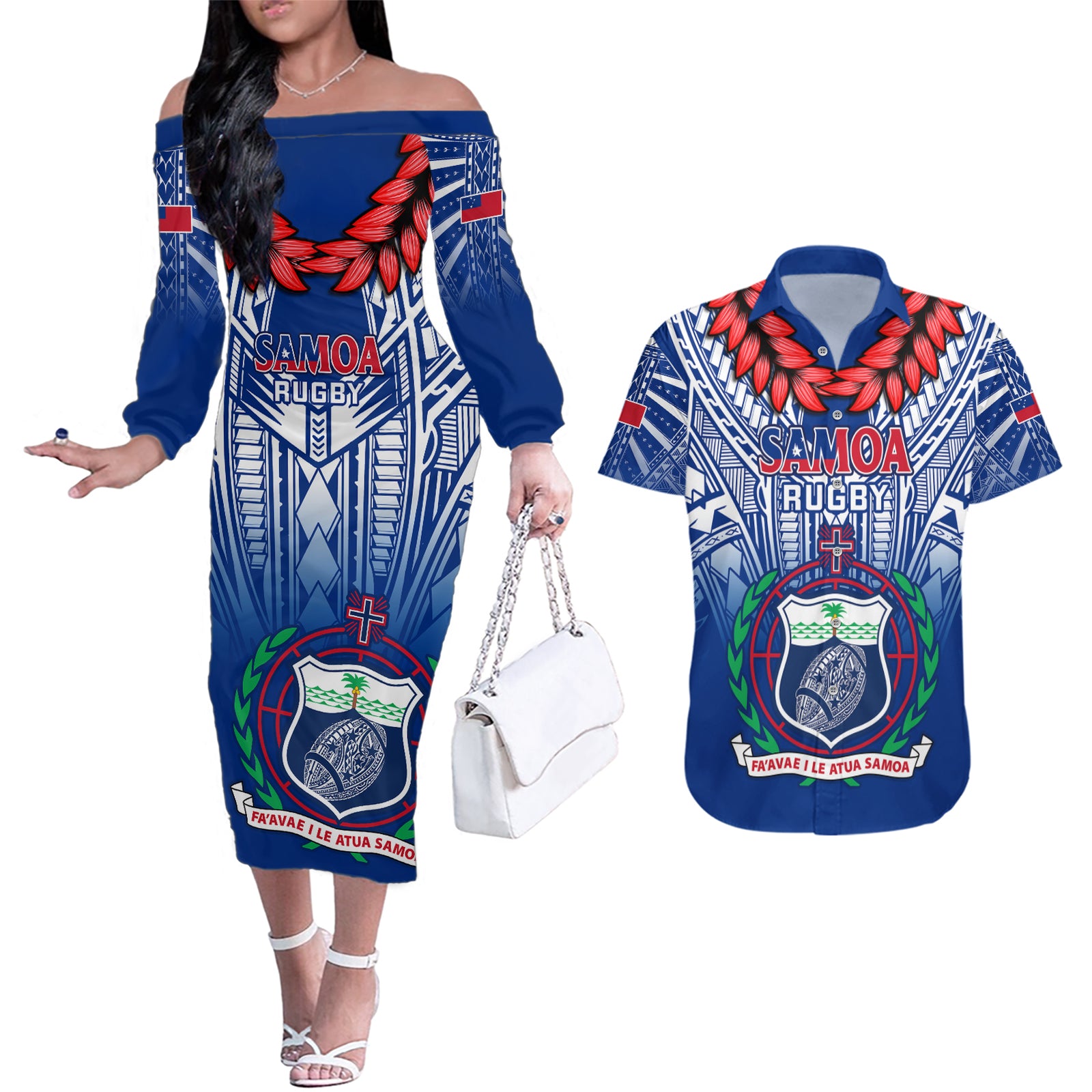 Custom Samoa Rugby Couples Matching Off The Shoulder Long Sleeve Dress and Hawaiian Shirt 2023 Go Manu Samoa With Ula Fala Style LT14 Blue - Polynesian Pride