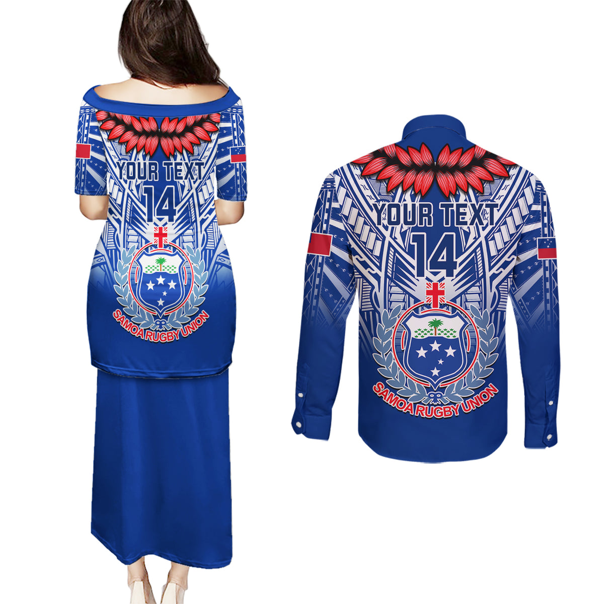Custom Samoa Rugby Couples Matching Puletasi Dress and Long Sleeve Button Shirts 2023 Go Manu Samoa With Ula Fala Style LT14 - Polynesian Pride