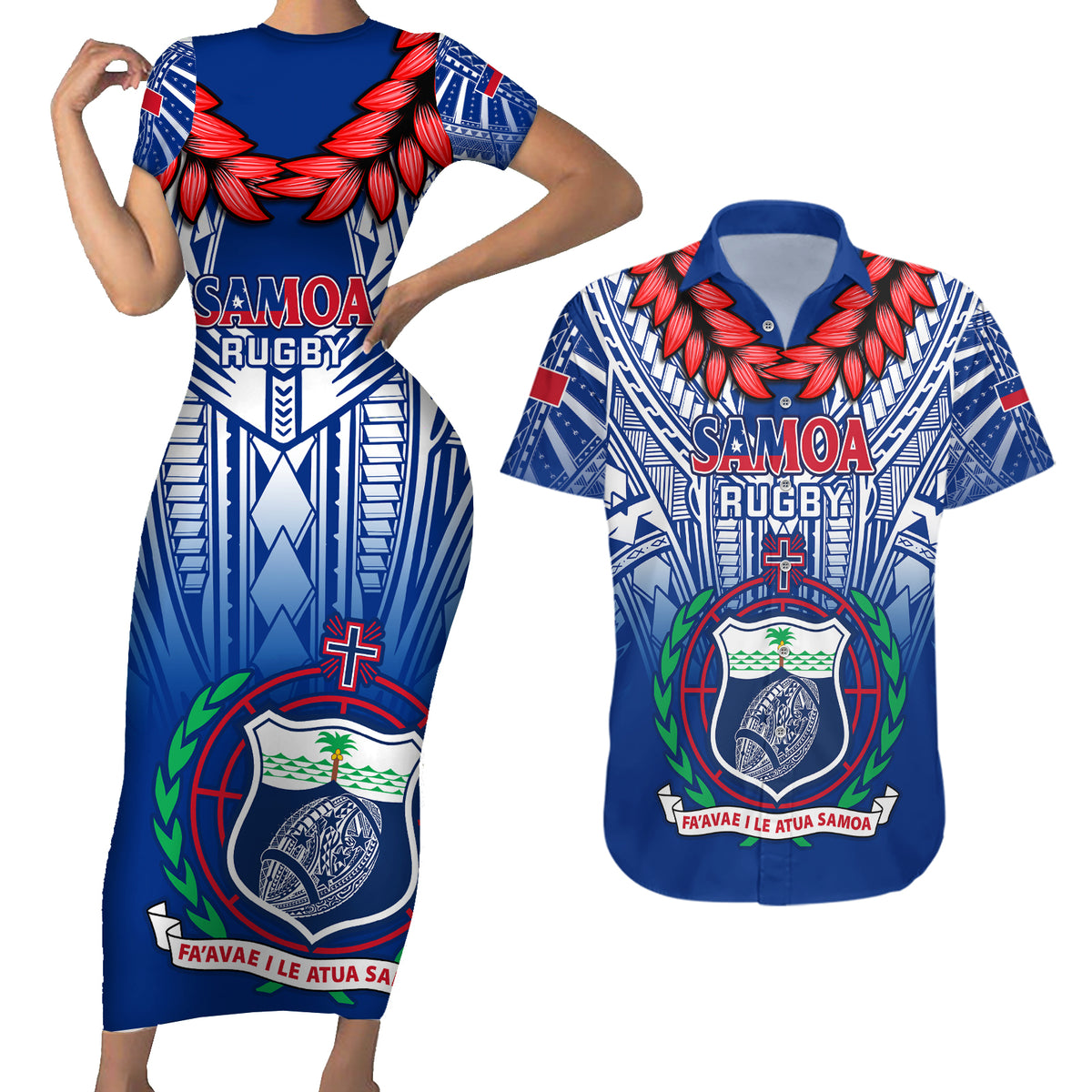 Custom Samoa Rugby Couples Matching Short Sleeve Bodycon Dress and Hawaiian Shirt 2023 Go Manu Samoa With Ula Fala Style LT14 Blue - Polynesian Pride