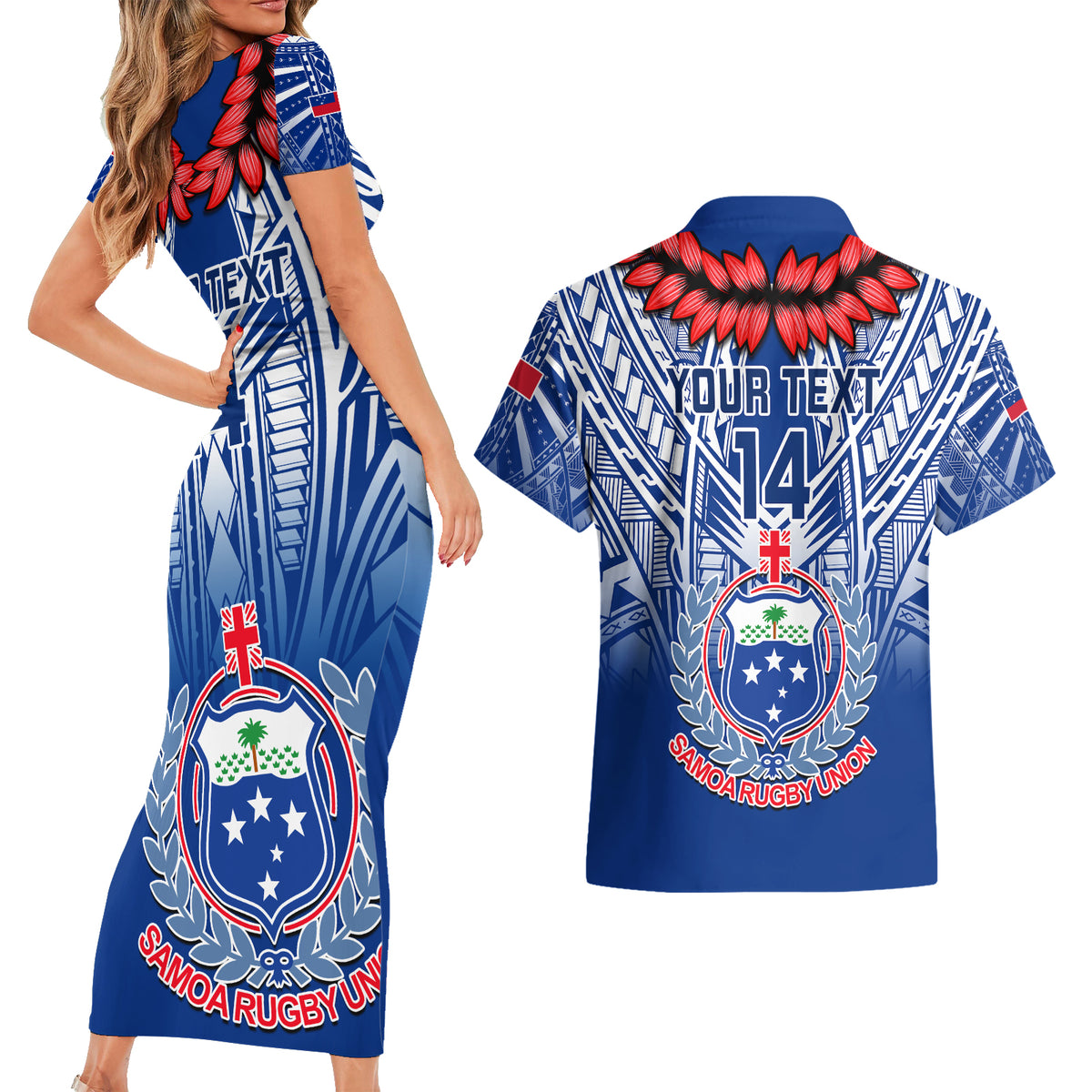 Custom Samoa Rugby Couples Matching Short Sleeve Bodycon Dress and Hawaiian Shirt 2023 Go Manu Samoa With Ula Fala Style LT14 - Polynesian Pride