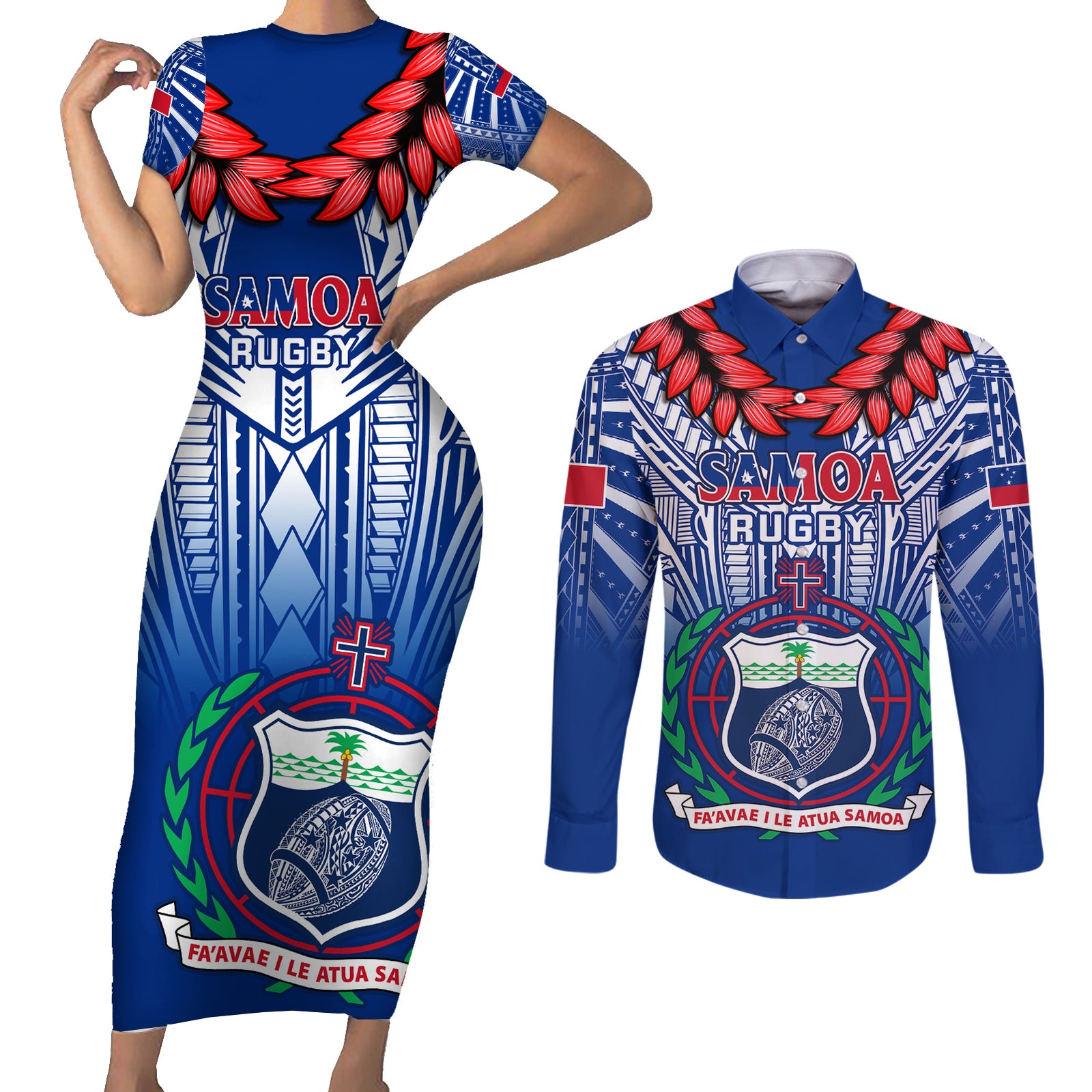 Custom Samoa Rugby Couples Matching Short Sleeve Bodycon Dress and Long Sleeve Button Shirts 2023 Go Manu Samoa With Ula Fala Style LT14 Blue - Polynesian Pride