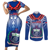 Custom Samoa Rugby Couples Matching Short Sleeve Bodycon Dress and Long Sleeve Button Shirts 2023 Go Manu Samoa With Ula Fala Style LT14 Blue - Polynesian Pride