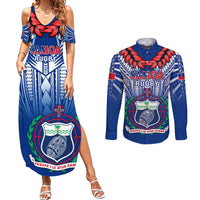 Custom Samoa Rugby Couples Matching Summer Maxi Dress and Long Sleeve Button Shirts 2023 Go Manu Samoa With Ula Fala Style LT14 Blue - Polynesian Pride