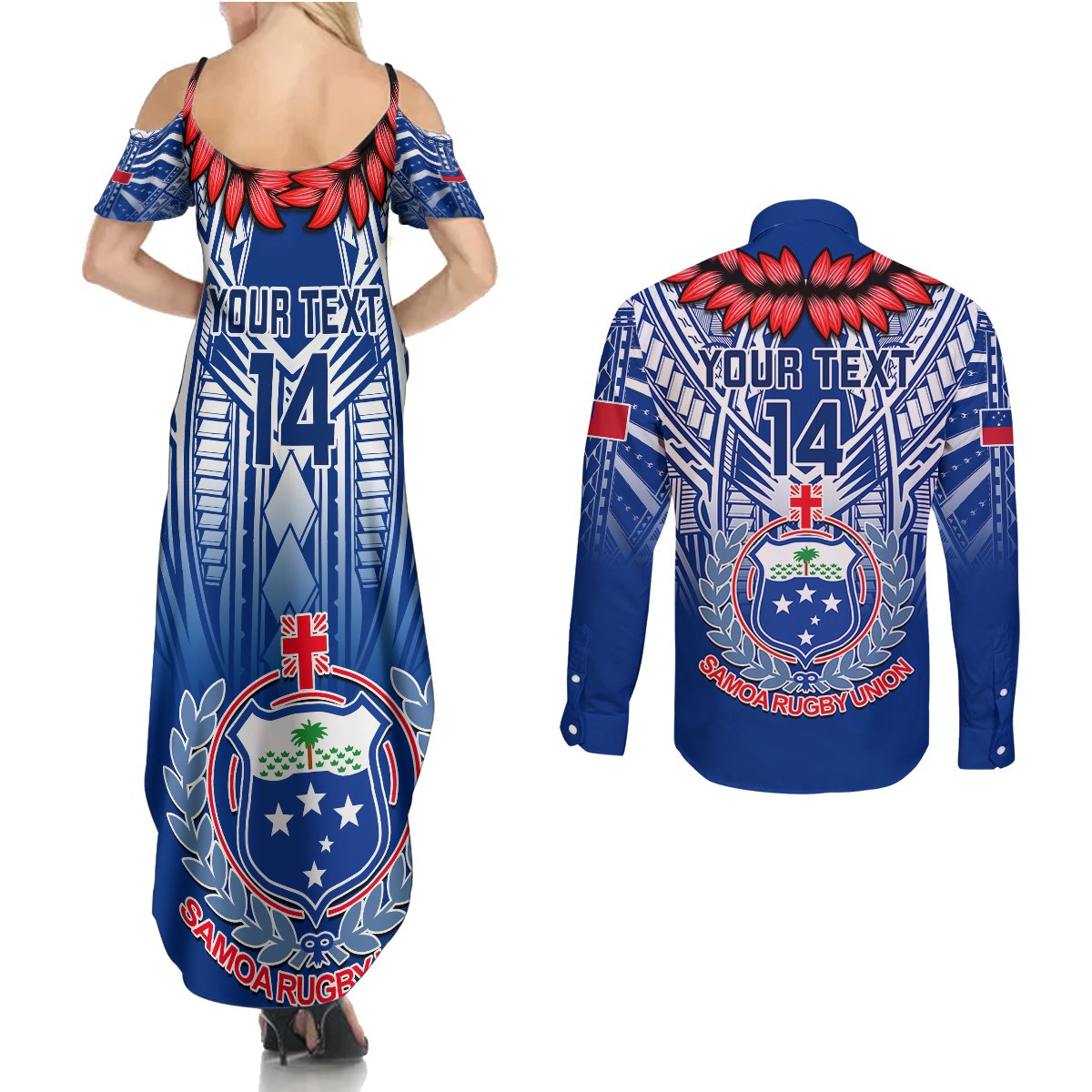 Custom Samoa Rugby Couples Matching Summer Maxi Dress and Long Sleeve Button Shirts 2023 Go Manu Samoa With Ula Fala Style LT14 - Polynesian Pride