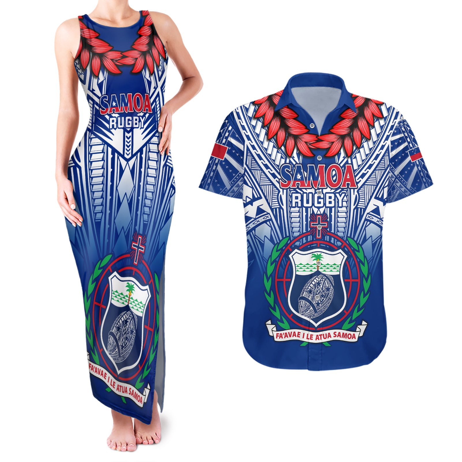 Custom Samoa Rugby Couples Matching Tank Maxi Dress and Hawaiian Shirt 2023 Go Manu Samoa With Ula Fala Style LT14 Blue - Polynesian Pride