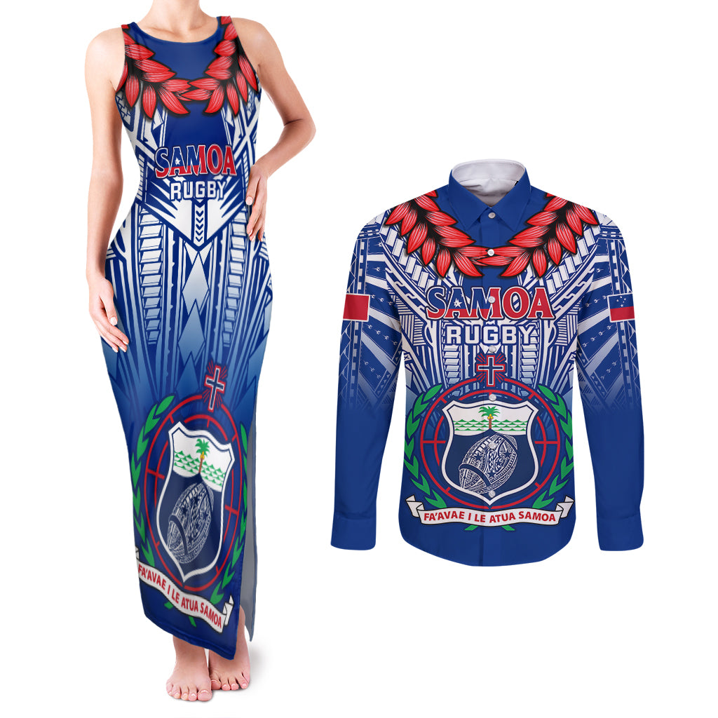 Custom Samoa Rugby Couples Matching Tank Maxi Dress and Long Sleeve Button Shirts 2023 Go Manu Samoa With Ula Fala Style LT14 Blue - Polynesian Pride