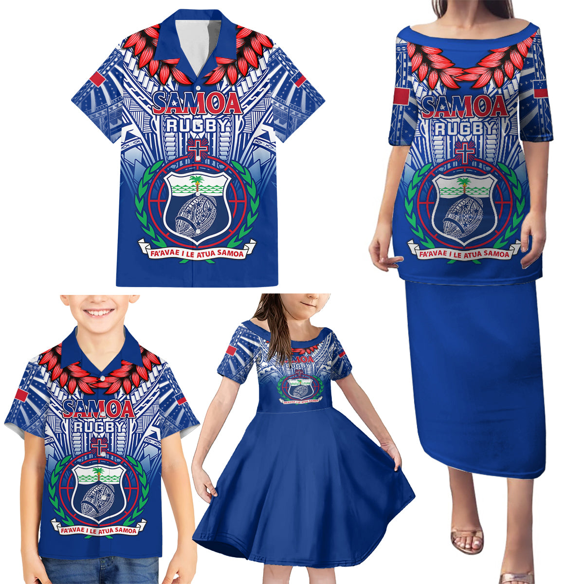 Custom Samoa Rugby Family Matching Puletasi Dress and Hawaiian Shirt 2023 Go Manu Samoa With Ula Fala Style LT14 - Polynesian Pride