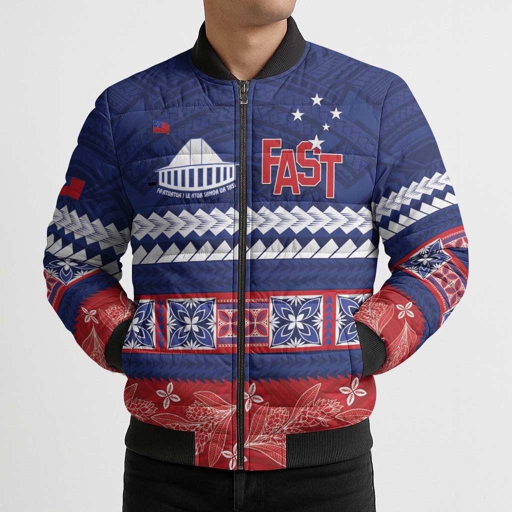 Personalised FAST Samoa Siapo Bomber Puffer Jacket Teuila Flowers Samoan Pattern - Polynesian Pride
