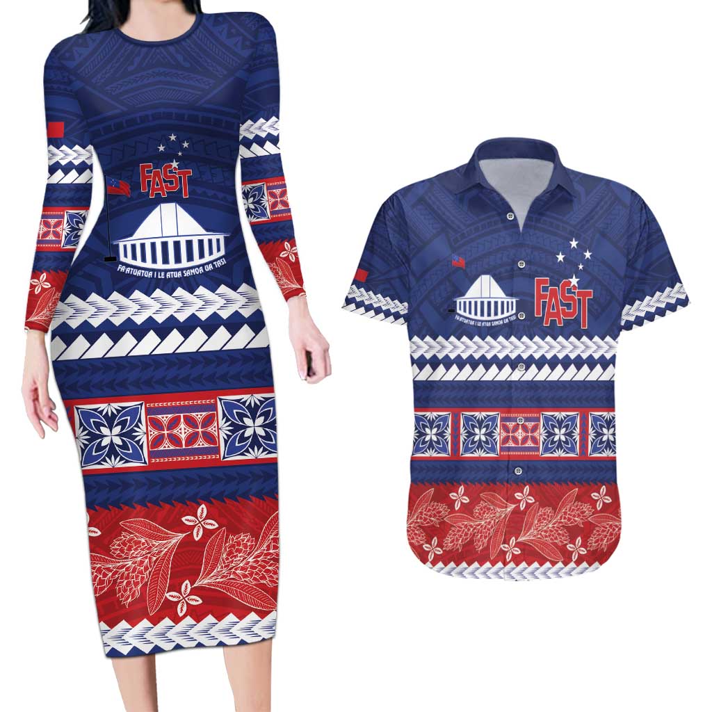 Personalised FAST Samoa Siapo Couples Matching Long Sleeve Bodycon Dress and Hawaiian Shirt Teuila Flowers Samoan Pattern - Polynesian Pride